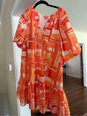 Boutique Orange & Cream Printed Puff-Sleeve Tunic Dress